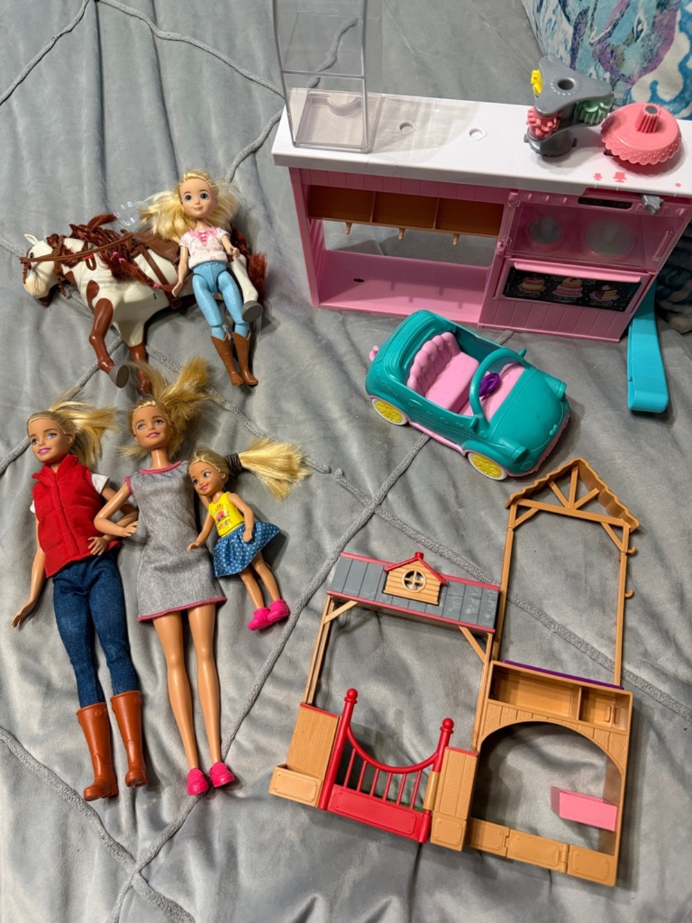 Barbie Mixed Doll Playset with Teal Convertible, Pink Kitchen & Horse
